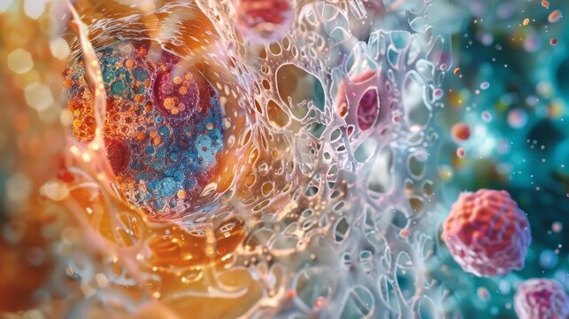 A crosssection of a cell showing the dynamic movement and communication between different signaling molecules and organelles
