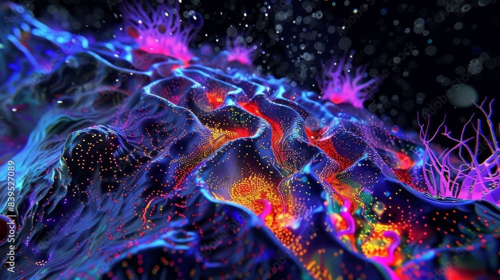 Poster vibrant colors used to depict the flow of neurotransmitters during reuptake creating a beautiful but