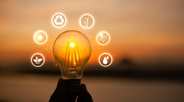 Renewable energy concept for sustainable, resource and environment icons. Electric power from nature. Creative ideas of energy.