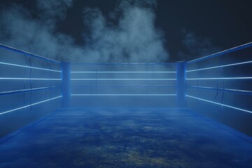 blue boxing ring with fog on dark background