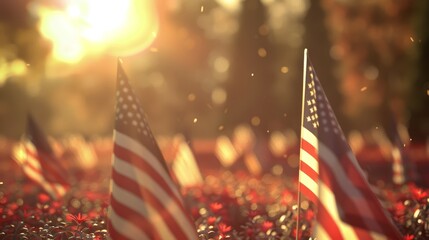 Honoring courageous heroes of the USA on Memorial Day, flags and gratitude, blurred background, photorealistic, dynamic, overlay, national cemetery