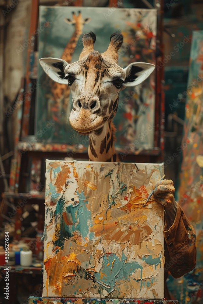 Poster a giraffe wearing an apron, painting on a large canvas in an art studio,