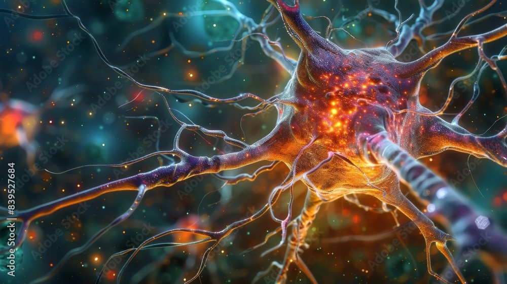 Poster a closeup of a newlyformed neuron releasing neurotransmitters indicative of its active role in commu