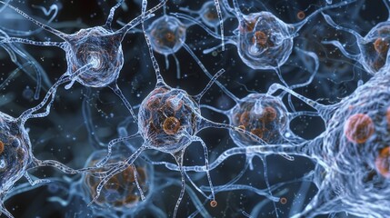A microscopic view of neural precursor cells undergoing mitosis producing new cells that will eventually become neurons