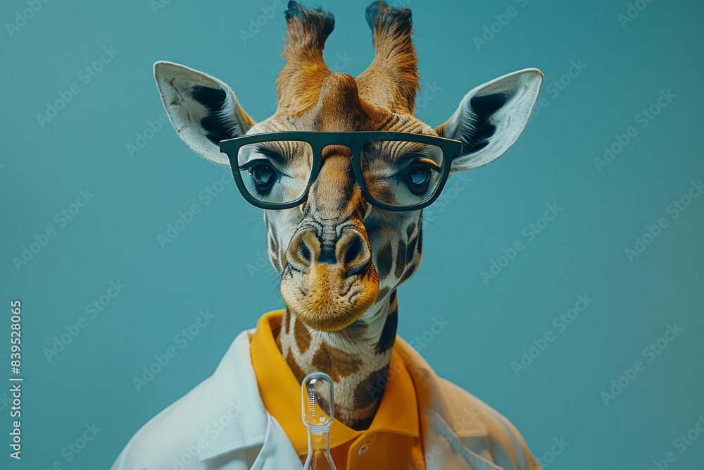 Poster a giraffe wearing a lab coat and glasses, conducting an experiment in a high-tech laboratory,
