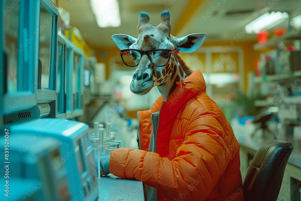 Poster A giraffe wearing a lab coat and glasses, conducting an experiment in a high-tech laboratory,