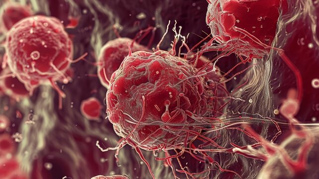 A magnified image of a young erythroblast engulfing and breaking down old red cells through phagocytosis