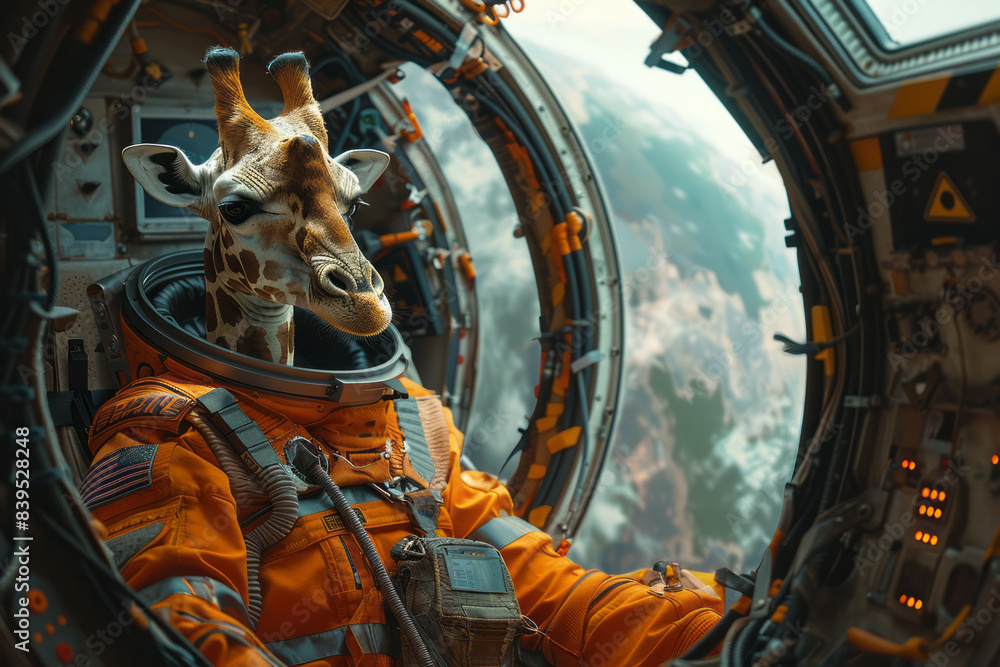 Poster A giraffe in a space suit, floating in a spaceship with a view of Earth,