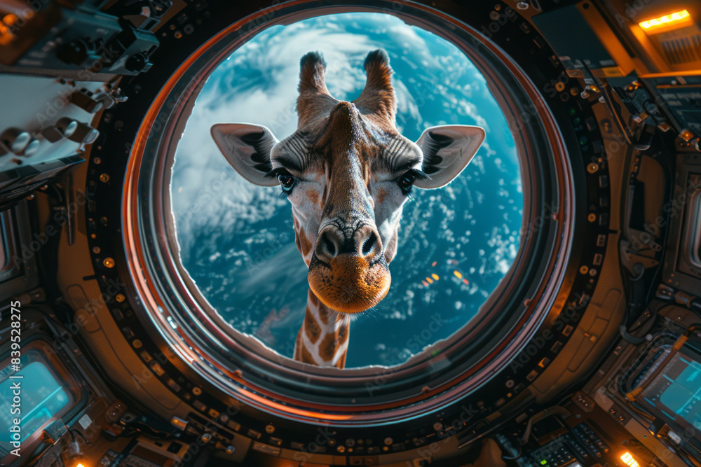 Poster A giraffe in a space suit, floating in a spaceship with a view of Earth,