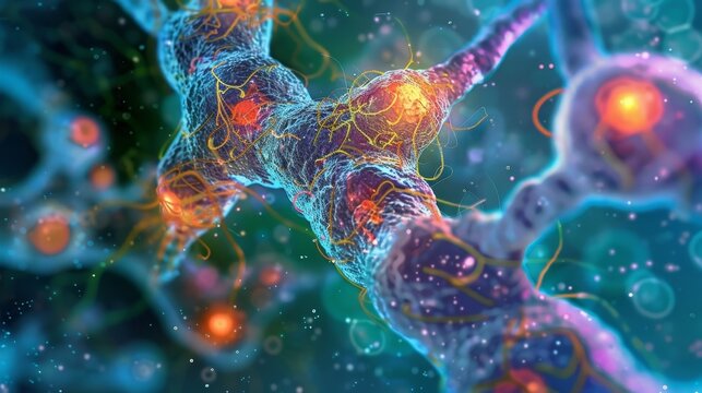 A microscopy image of a cell undergoing alternative splicing with different combinations of exons and introns being joined together to produce various protein isoforms