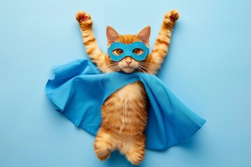 Fototapeta premium Superhero cat in blue cape and mask flying on light blue background, funny animal studio shot