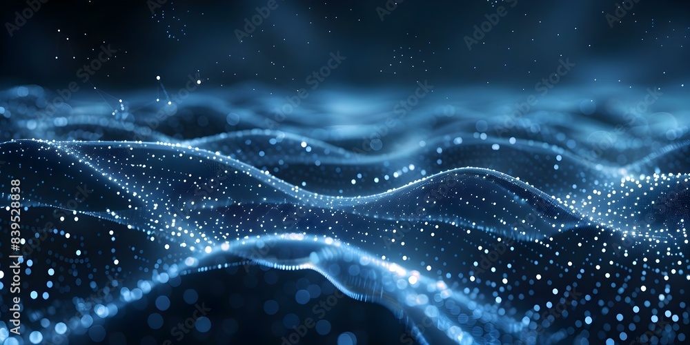 Poster futuristic abstract background with wave particles connecting dots in dark setting. concept abstract