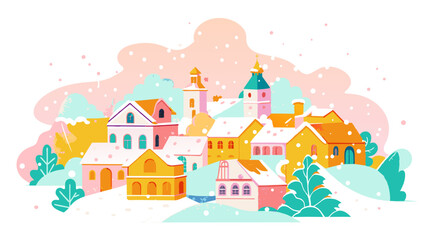 Vibrant Winter Village Scene with Pastel Colors and Snowy Backdrop