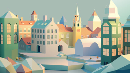Charming European Old Town Illustration with Pastel Buildings