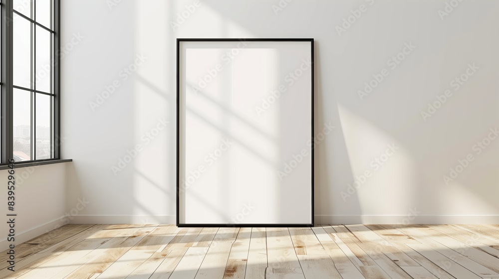 Wall mural poster mockup on the wall in a large frame with natural light casting shadows, minimalist interior d