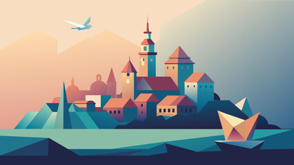Fototapeta premium Enchanting Fairytale Castle at Sunset with Origami Boat