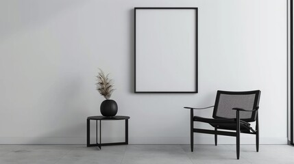 Photography of a blank poster Mockup frame on the wall of an empty modern white room with a chair and table, minimalist design