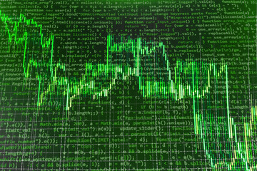 Global business, finances, connections and digital interface concept digitally generated image Computer security background Writing program code on computer Stock numbers Green color