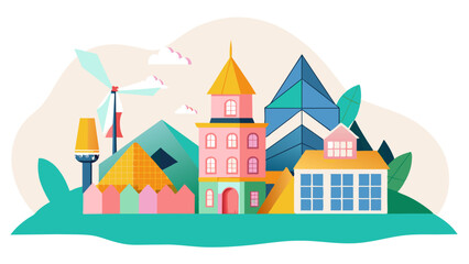 Fototapeta premium Colorful Eco-friendly Cityscape with Renewable Energy Illustration