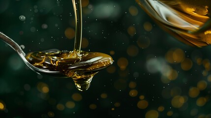 Close-up photography of a spoonful of olive oil being poured from above against a blurred green background, showcasing the golden liquid