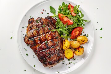 Photo of grilled meat with potatoes and salad on a white plate
