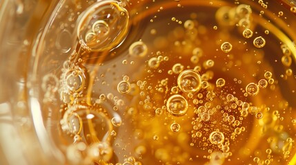 Close-up photography of honey in an open jar with bubbles and small wooden dipper, golden and translucent liquid
