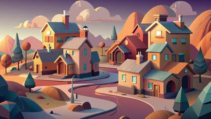 Enchanting Twilight over a Quaint Cartoon Village Landscape