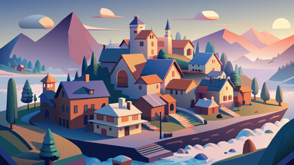 Naklejka premium Picturesque Mountain Village at Sunset with Colorful Sky