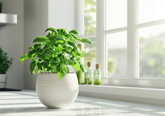 Fototapeta premium Sweet basil plant in the beige pot on the window shell of the white kitchen, soft morning lighting