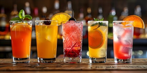 Summer Delight Savor Vibrant and Refreshing Cocktails at a Lively Bar. Concept Summer Cocktails, Lively Bar Atmosphere, Vibrant Refreshments, Refreshing Beverages, Savoring Delights