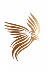 minimalist design of a golden eagle with spread wings, soaring through a white sky.