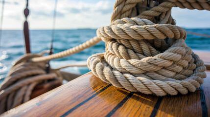 Fototapeta premium Rope knot on a wooden deck of a sailboat with ocean view