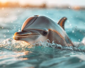 Vibrant close-up of a dolphin swimming in the ocean at sunset, capturing the playful nature and beauty of marine life.