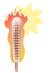 Glass thermometer with fire and sun on a white background. High temperature