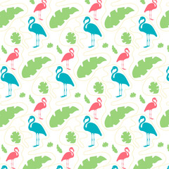 Summer seamless pattern with blue and pink flamingo and green leaves on white background for wallpapers, packaging, wrapping, notebooks, fabrics	