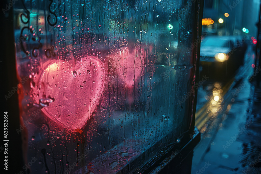 Fototapete heart shapes and love notes written on a misted window, with raindrops creating a dynamic background