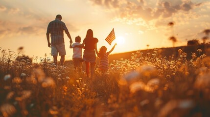 happy family with the flag of america USA at sunset outdoors