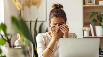 A woman sits at her desk, holding her face in frustration or fatigue. The room is warmly lit, with plants and other decor. AI