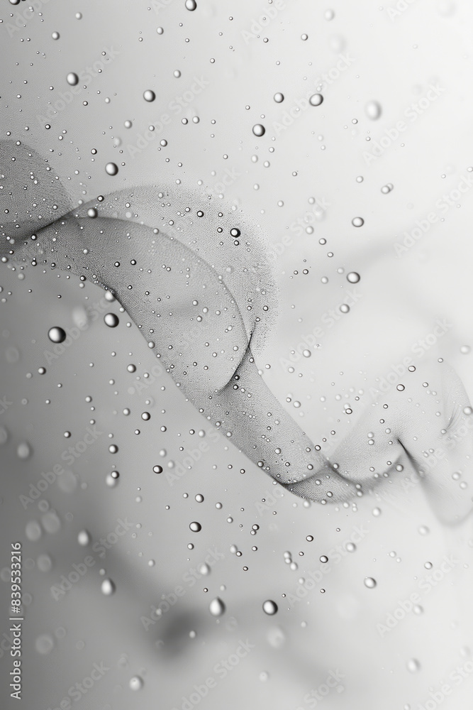 Poster a pattern of interconnected dots and lines on a foggy surface, with droplets adding depth,