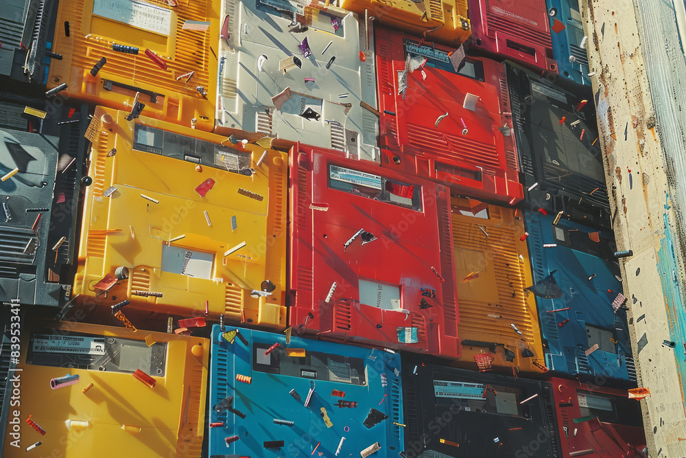 Poster an illustration of floppy disks melting into a pool of liquid pixels, blending colors and shapes,
