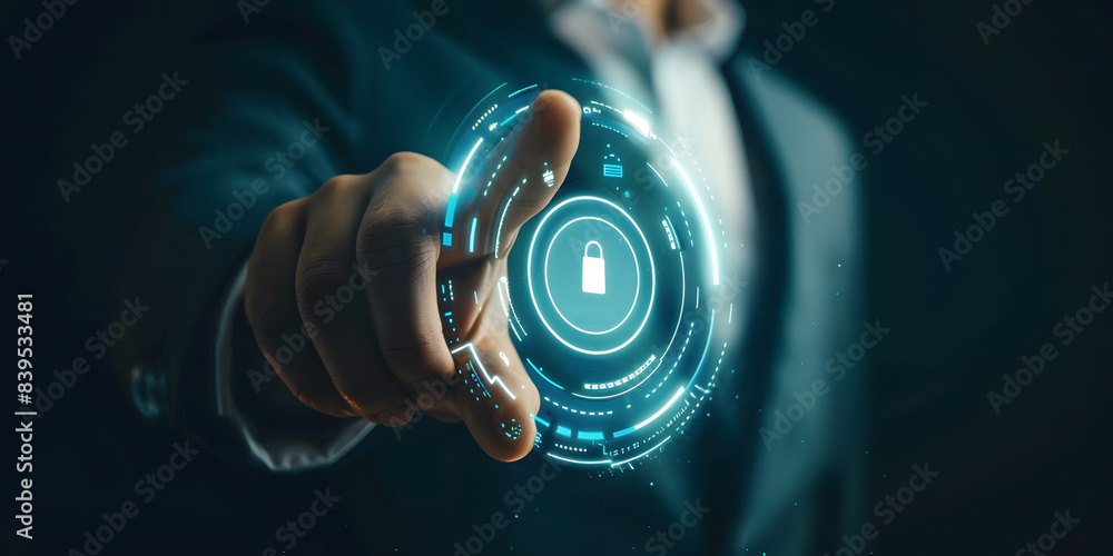 Poster access control concept. businessmen touch the virtual access control icon to access security persona