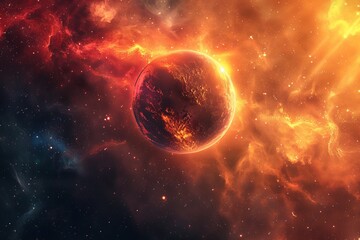 Obraz premium Vivid depiction of a fiery planet in outer space with vibrant colors and cosmic clouds, perfect for science fiction themes or astronomical studies. This digital art illustration captures the beauty