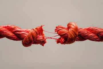 Close-up of a frayed red rope about to snap. Strong conceptual image. Symbol of tension and breaking point. Minimalist style for stress or pressure conceptual visuals. Generative AI