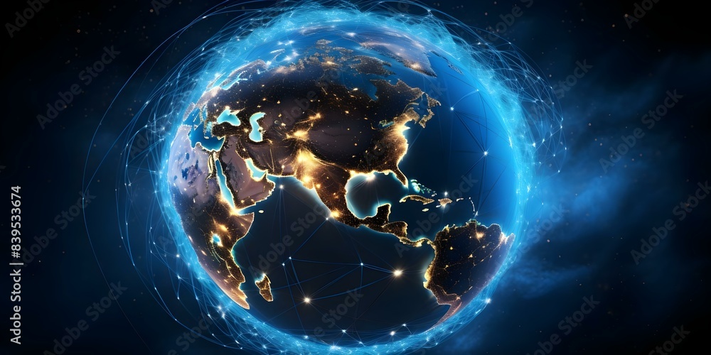 Poster advancements in global technology and communication represented by connected lines on a digital glob