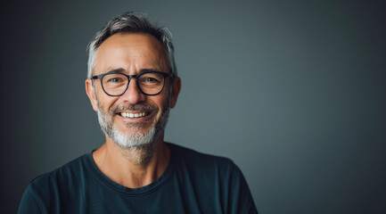 A man with glasses is smiling and looking at the camera. He is wearing a black shirt and glasses. handsome man in glasses smiling against a gray background