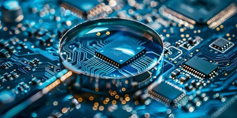 Examining Technology Chip Under Magnifying Glass with Blue Color Palette. Concept Technology Chips, Magnifying Glass, Blue Color Palette, Examination, Close-up Shots