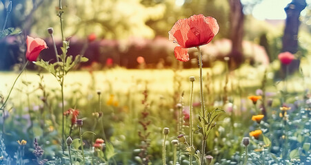 Old vintage card with blooming poppies on a summer meadow