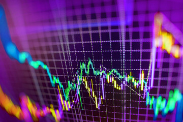 Financial graph on a computer monitor screen Stock exchange market graph analysis background Background with currency bars and candles Data on live computer screen Finance concept