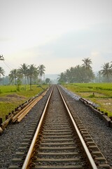 Railway tracks in rice fields. Beautiful views of rural Indonesia