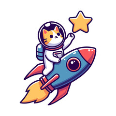 cute cat astronaut ride rocket and reach star icon character